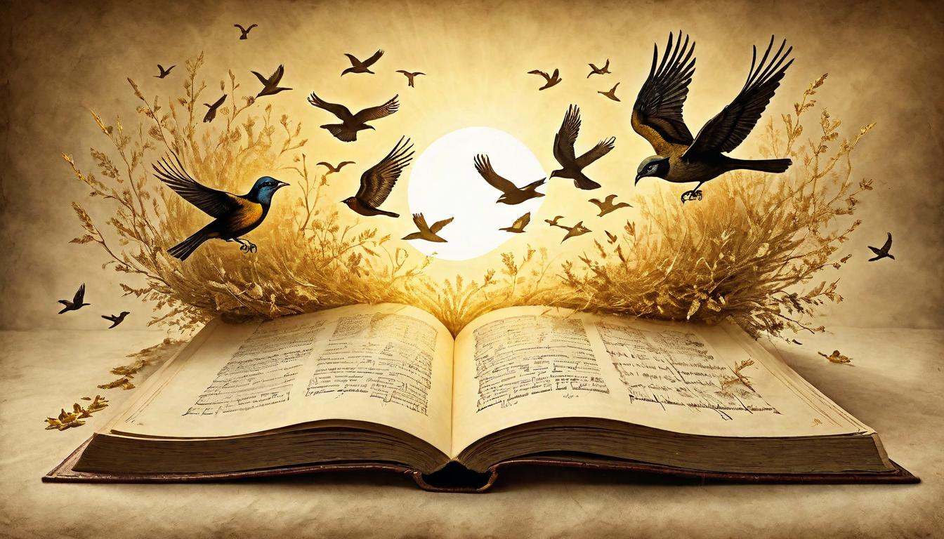  on parchment, surrealism+++, A book opening, its pages glowing with golden light, stories of small beginnings leading to triumphant ends, words transforming into birds taking flight, narrative of victory, glow of success, literate alchemy, turning despair into triumph.(mysterious, provocative, symbolic,muted color)+++