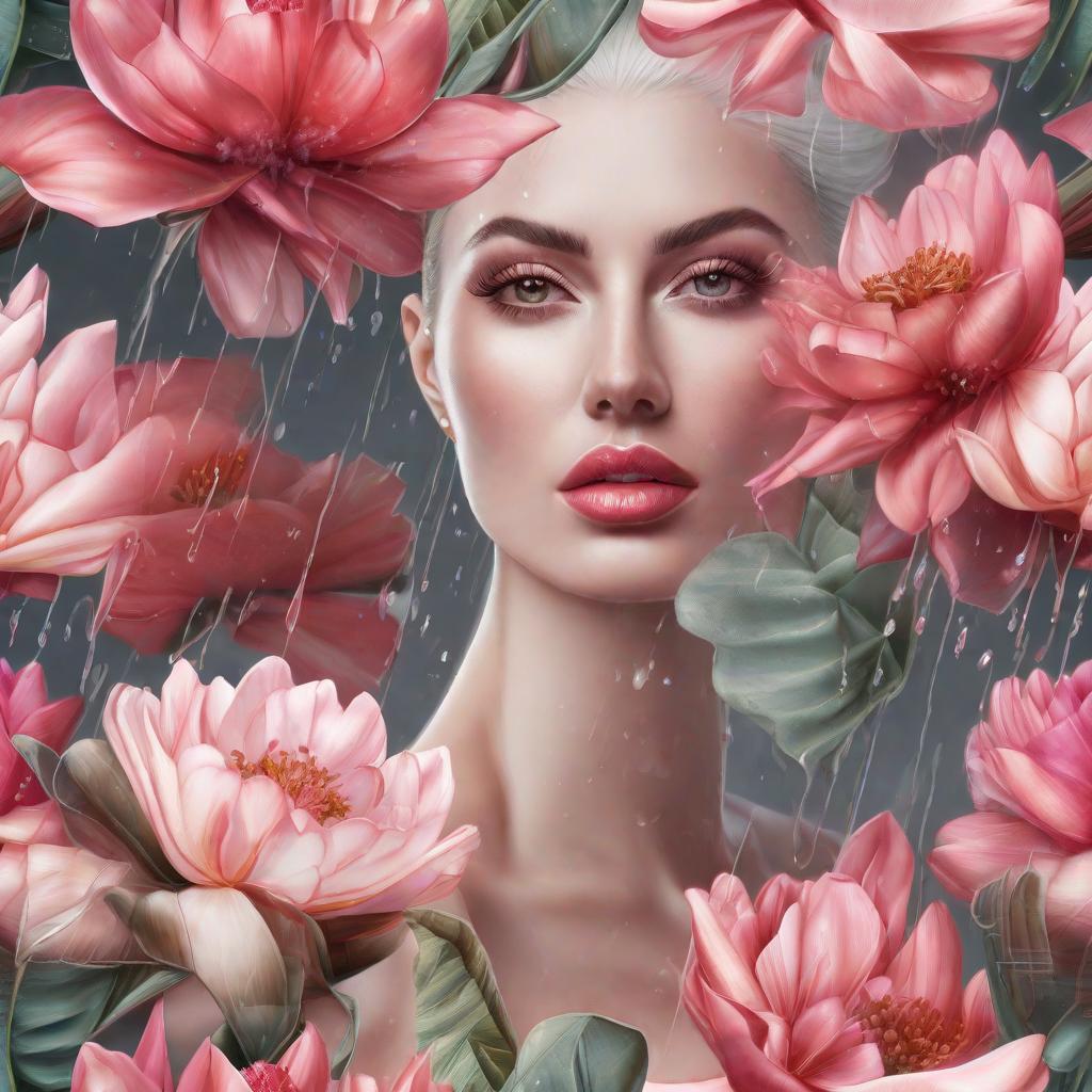  Una obra de arte digital de una hermosa mujer, cabello castaño rubio suave y sedoso, vestida con un vestido blanco muy corto y tacones altos rosados decorados con pequeñas flores brillantes, bailando mientras sostiene un paraguas transparente pintado con flores, en medio de una lluvia colorida con gotas de agua que Se convierte en colores brillantes al contacto, sobre un fondo oscuro.HD, 3D hyperrealistic, full body, detailed clothing, highly detailed, cinematic lighting, stunningly beautiful, intricate, sharp focus, f/1. 8, 85mm, (centered image composition), (professionally color graded), ((bright soft diffused light)), volumetric fog, trending on instagram, trending on tumblr, HDR 4K, 8K