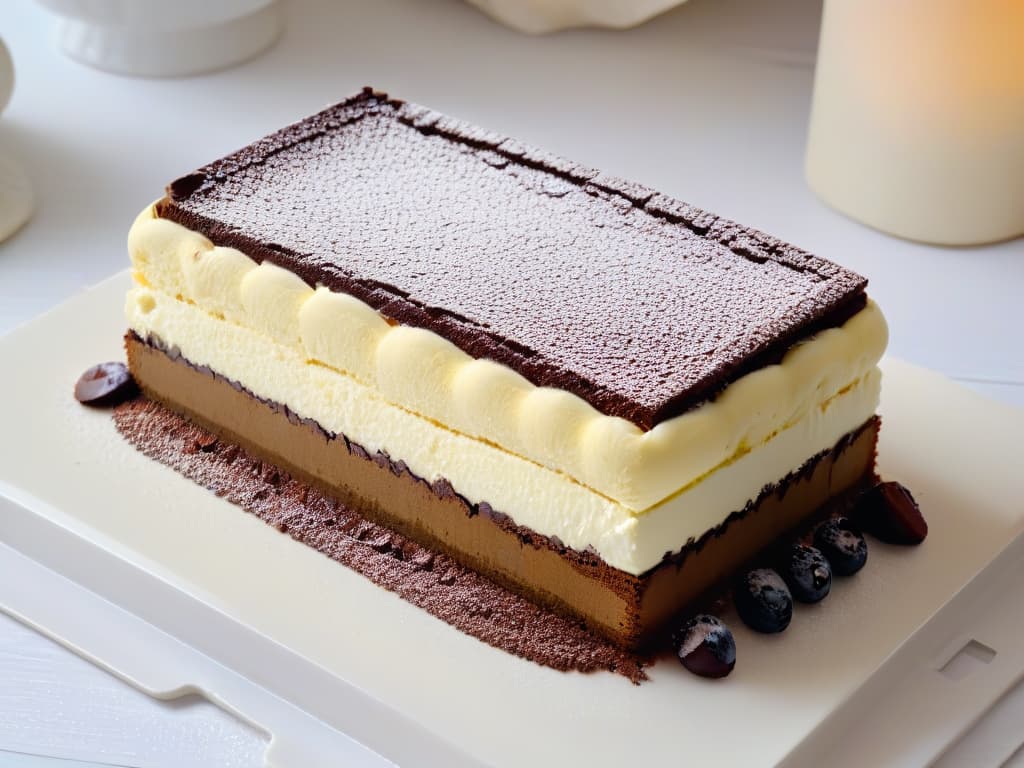  A closeup, highresolution image of a decadent tiramisu dessert in a modern, minimalist presentation. The dessert is elegantly layered in a clear glass dish, showcasing the intricate layers of espressosoaked ladyfingers, creamy mascarpone cheese, and a dusting of rich cocoa powder on top. The background is a soft, neutral color to emphasize the simplicity and sophistication of this iconic Italian dessert. hyperrealistic, full body, detailed clothing, highly detailed, cinematic lighting, stunningly beautiful, intricate, sharp focus, f/1. 8, 85mm, (centered image composition), (professionally color graded), ((bright soft diffused light)), volumetric fog, trending on instagram, trending on tumblr, HDR 4K, 8K