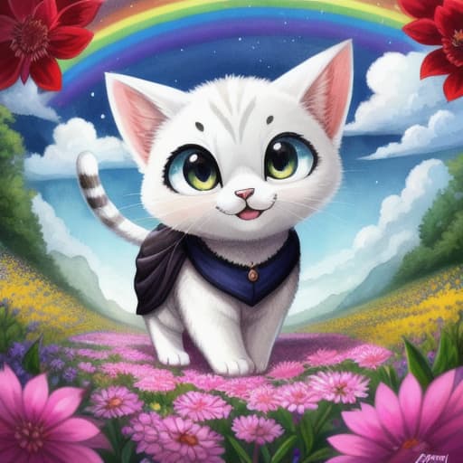  watercolor, storybook, child-book, A cute anthropomorphic cat with wide eyes and a permanent smile, styled like a black and white animation, standing in a colorful meadow under a blue sky, small white clouds and large rainbow, cute anthropomorphic cat, best quality, very detailed, high resolution, sharp, sharp image hyperrealistic, full body, detailed clothing, highly detailed, cinematic lighting, stunningly beautiful, intricate, sharp focus, f/1. 8, 85mm, (centered image composition), (professionally color graded), ((bright soft diffused light)), volumetric fog, trending on instagram, trending on tumblr, HDR 4K, 8K