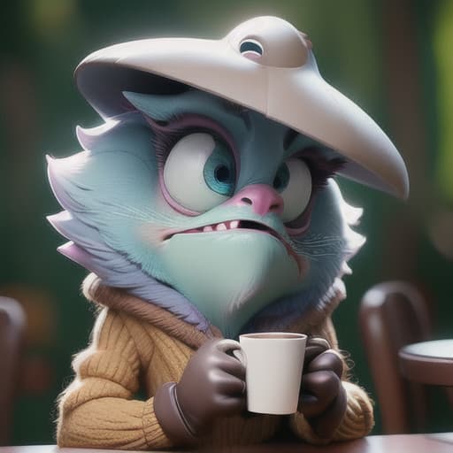  pixar character ,pixar style, funny creature from parallel reality holding a coffee cup, (best quality), (masterpiece), (best lighting), (high detailed skin:1.0),( detailed eyes), 8k uhd, dslr, soft lighting, best quality, film grain, Fujifilm XT3 hyperrealistic, full body, detailed clothing, highly detailed, cinematic lighting, stunningly beautiful, intricate, sharp focus, f/1. 8, 85mm, (centered image composition), (professionally color graded), ((bright soft diffused light)), volumetric fog, trending on instagram, trending on tumblr, HDR 4K, 8K