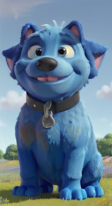  {A happy, big blue dog wagging its tail in a colorful meadow, The big blue dog is large with sky blue fur, big round eyes, a black nose, and floppy ears.