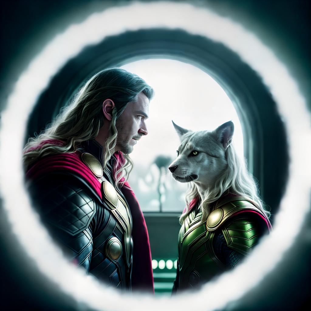  Thor and Loki at Halloween are looking at the door peephole ,highly detailed, cinematic lighting, stunningly beautiful, intricate, sharp focus, f1. 8, 85mm, (centered image composition), (professionally color graded), ((bright soft diffused light)), volumetric fog, trending on instagram, trending on tumblr, HDR 4K, 8K