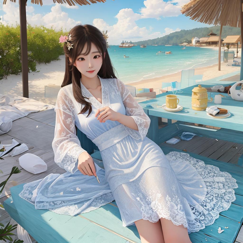  masterpiece, best quality, , asian , , lace, beach, absorbent, sun, clouds