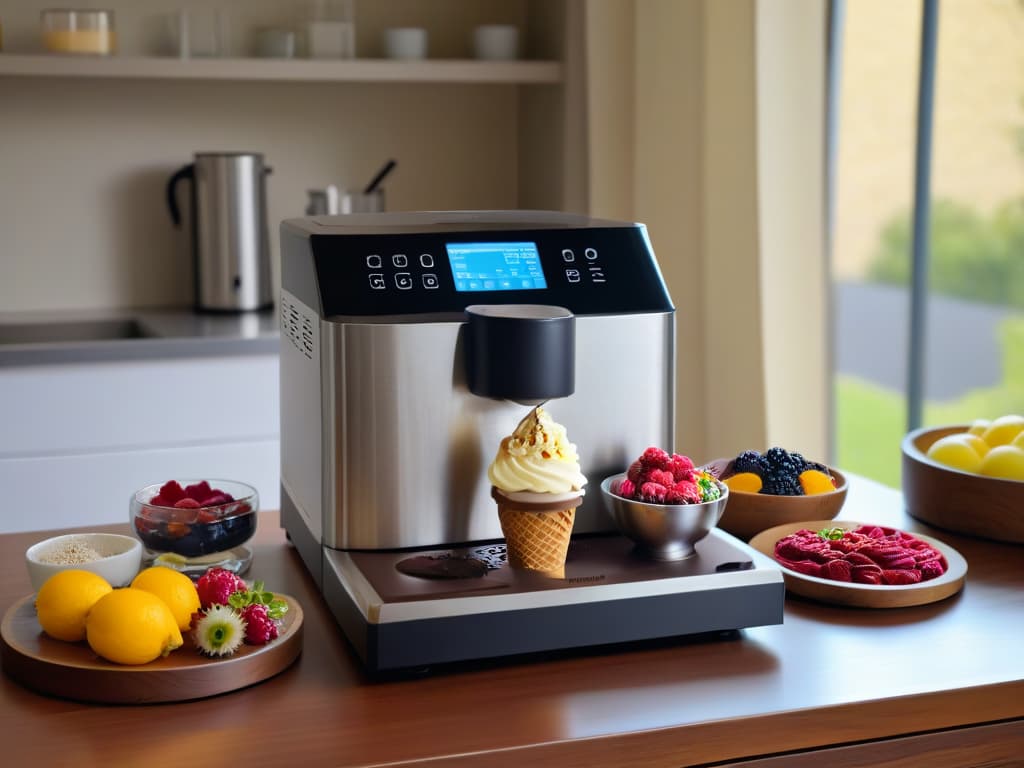  An 8k ultradetailed image of a sleek, modern kitchen countertop with a highend stainless steel ice cream maker in the center, surrounded by various artisanal toppings like fresh berries, gourmet chocolate shavings, and delicate edible flowers. The machine is illuminated by soft, natural light filtering through a nearby window, casting a subtle glow on the setup, emphasizing the elegance and sophistication of creating gourmet ice cream at home. hyperrealistic, full body, detailed clothing, highly detailed, cinematic lighting, stunningly beautiful, intricate, sharp focus, f/1. 8, 85mm, (centered image composition), (professionally color graded), ((bright soft diffused light)), volumetric fog, trending on instagram, trending on tumblr, HDR 4K, 8K