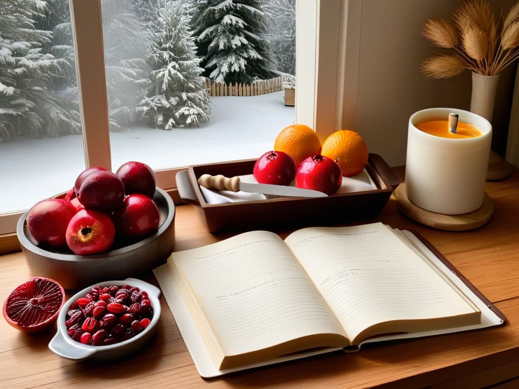  A minimalist, highresolution image featuring a cozy kitchen scene with a marble countertop adorned with fresh winter fruits like pomegranates, cranberries, and oranges, alongside rustic baking tools like wooden rolling pins and vintage measuring cups. The soft winter light filtering through a nearby window casts a warm glow on a stack of recipe books open to pages filled with handwritten notes on vegan dessert recipes. The scene exudes a sense of warmth, creativity, and tranquility, inviting the viewer to explore the world of vegan winter baking. hyperrealistic, full body, detailed clothing, highly detailed, cinematic lighting, stunningly beautiful, intricate, sharp focus, f/1. 8, 85mm, (centered image composition), (professionally color graded), ((bright soft diffused light)), volumetric fog, trending on instagram, trending on tumblr, HDR 4K, 8K