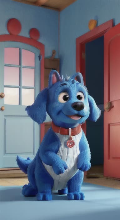  {Max the big blue dog standing in front of a cozy little house with a red door, The big blue dog is large with sky blue fur, big round eyes, a black nose, and floppy ears.