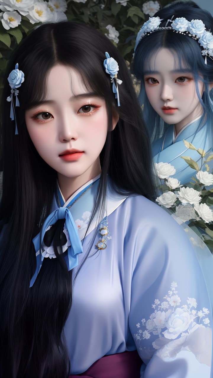  masterpiece, best quality, (Fidelity: 1.4), Best Quality, Masterpiece, Ultra High Resolution, Poster, Fantasy Art, Very Detailed Faces, 8k resolution, Chinese Style, An woman, Side Face, Quiet, Light Blue Hanfu, Tulle Coat, Long Black Hair, Light Blue Fringed Hair Ornament, Hairpin, White Ribbon, White Flower Bush, Light Blue Butterfly Flying, cinematic lighting effects