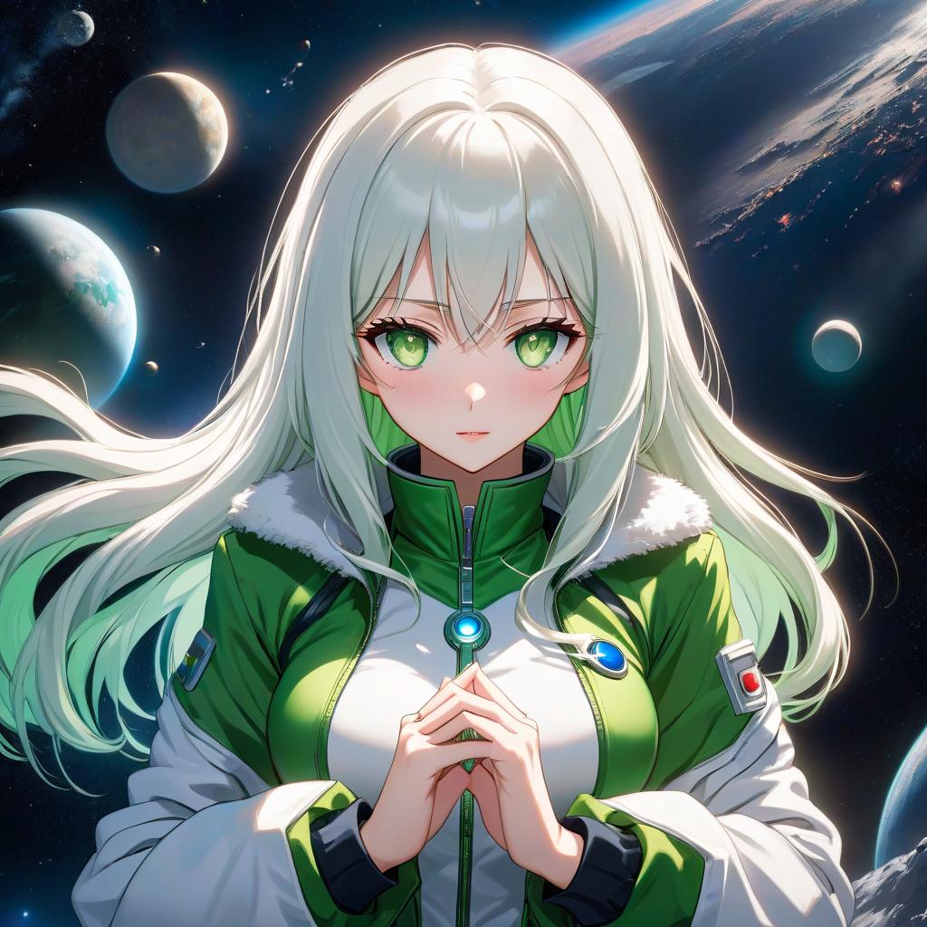  anime artwork A space , of short stature, with bright green eyes and long snow white hair and a fair skin tone, wearing a jacket with a very short green and a small bust, and holding her hands behind her back in space. . anime style, key visual, vint, studio anime, highly detailed hyperrealistic, full body, detailed clothing, highly detailed, cinematic lighting, stunningly beautiful, intricate, sharp focus, f/1. 8, 85mm, (centered image composition), (professionally color graded), ((bright soft diffused light)), volumetric fog, trending on instagram, trending on tumblr, HDR 4K, 8K