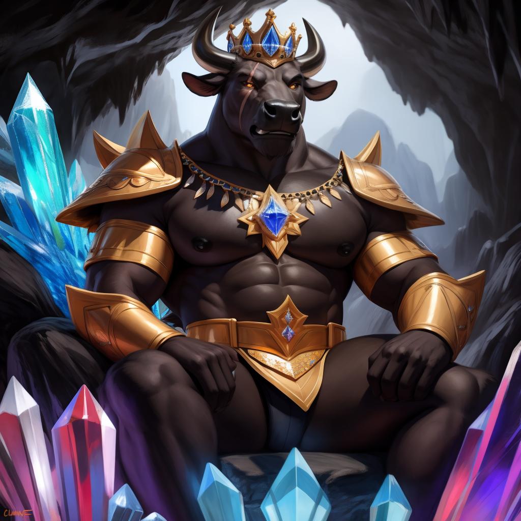  By chunie, by Meesh, 3d, portrait, full view, full body, detailed eyes, glowing eyes:2, sharp detail, masterpiece, crystallized horns:2, wear crystal crown, photorealistic:2, solo, anthro, male, black bull, scar on face, large muzzle, a black bull sitting on a crystal throne:2, large cave, mouth closed, angry face:2, serious face:2, rage, enraged:2, ultra detailed glowing amber crystals, ultra detailed sparkling crystal armor:2(amber crystals), sfw, thick body:2, muscular body:2, large body:2, stare at the camera, open eyes, digital art, masterpiece, 4k, fine details,