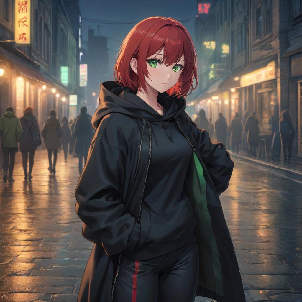  anime artwork A girl with red short hair, wearing a black coat with a hood and black trousers. She has green eyes. Small bust, short stature. Thinking about something. Walking in the summer city after a run. The street is night. Use anime style. . anime style, key visual, vibrant, studio anime, highly detailed hyperrealistic, full body, detailed clothing, highly detailed, cinematic lighting, stunningly beautiful, intricate, sharp focus, f/1. 8, 85mm, (centered image composition), (professionally color graded), ((bright soft diffused light)), volumetric fog, trending on instagram, trending on tumblr, HDR 4K, 8K