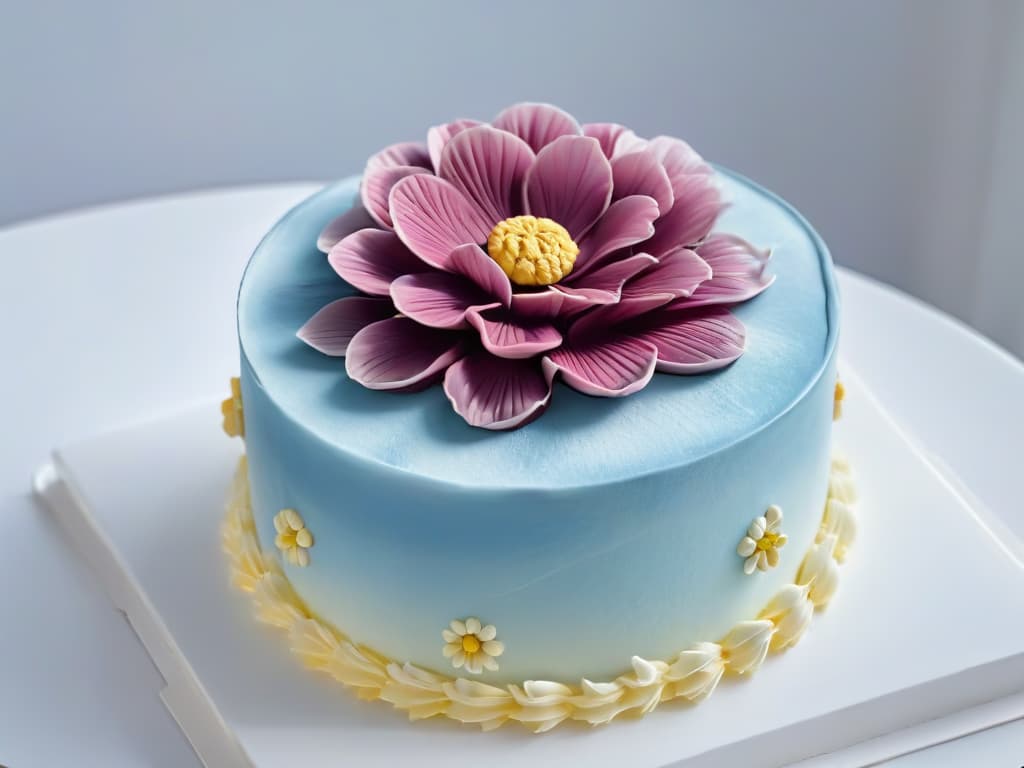  A closeup, ultradetailed image of a perfectly crafted, intricate sugar flower delicately placed on top of a beautifully decorated cake. The focus is on the fine details of the petals, the subtle shading, and the overall artistry of the confectionery masterpiece. The color palette is soft and pastel, with gentle lighting that highlights the textures and craftsmanship of the sugar flower. hyperrealistic, full body, detailed clothing, highly detailed, cinematic lighting, stunningly beautiful, intricate, sharp focus, f/1. 8, 85mm, (centered image composition), (professionally color graded), ((bright soft diffused light)), volumetric fog, trending on instagram, trending on tumblr, HDR 4K, 8K