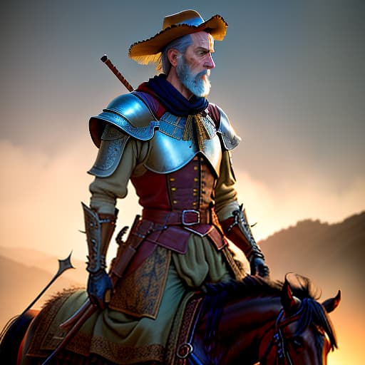  Don Quixote hyperrealistic, full body, detailed clothing, highly detailed, cinematic lighting, stunningly beautiful, intricate, sharp focus, f/1. 8, 85mm, (centered image composition), (professionally color graded), ((bright soft diffused light)), volumetric fog, trending on instagram, trending on tumblr, HDR 4K, 8K