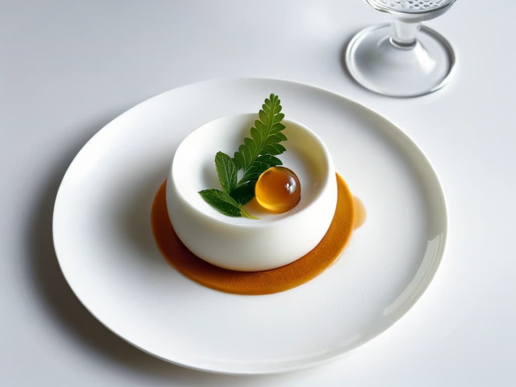  A closeup, ultradetailed image of a delicate, spherical spherification dessert sitting on a sleek, modern, white plate. The dessert is perfectly round and translucent, showcasing the intricate molecular gastronomy technique used to create it. The plate is set against a clean, minimalist backdrop, emphasizing the precision and sophistication of molecular pastry art. hyperrealistic, full body, detailed clothing, highly detailed, cinematic lighting, stunningly beautiful, intricate, sharp focus, f/1. 8, 85mm, (centered image composition), (professionally color graded), ((bright soft diffused light)), volumetric fog, trending on instagram, trending on tumblr, HDR 4K, 8K