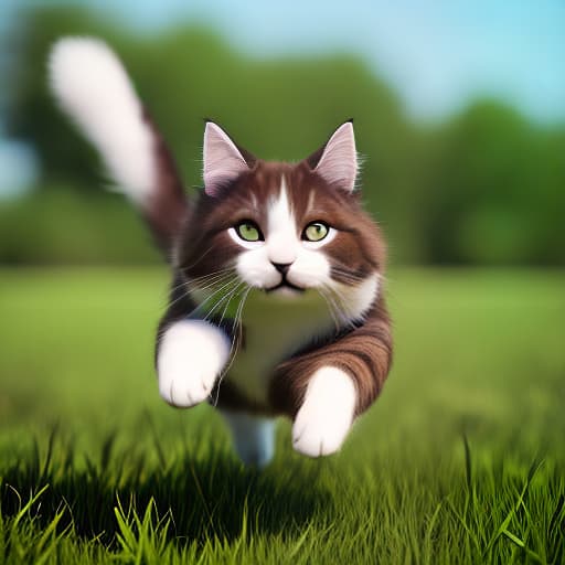 redshift style cat running, mid-stride, sleek fur, agile, graceful, blurred motion, energetic,, outdoor setting, sunny day, green grass, blue sky, fluffy tail, expressive eyes.
