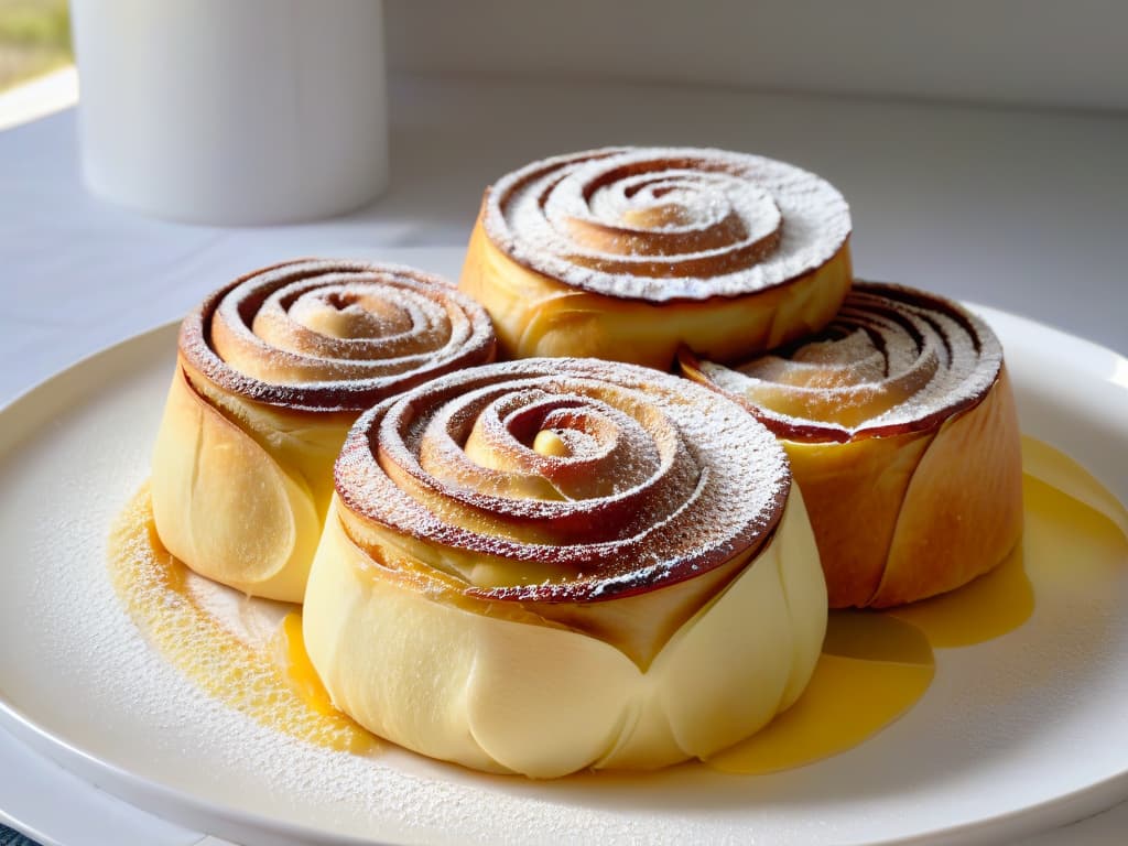  A closeup, ultradetailed image of freshly baked cinnamon and apple rolls dusted with powdered sugar, resting on a sleek, modern white plate against a soft, blurred background of a sunlit kitchen. The golden crust of the rolls glistens invitingly, showcasing layers of spiced apple filling peeking through, while a hint of steam rises delicately from the warm pastries, evoking a sense of freshness and indulgence. hyperrealistic, full body, detailed clothing, highly detailed, cinematic lighting, stunningly beautiful, intricate, sharp focus, f/1. 8, 85mm, (centered image composition), (professionally color graded), ((bright soft diffused light)), volumetric fog, trending on instagram, trending on tumblr, HDR 4K, 8K