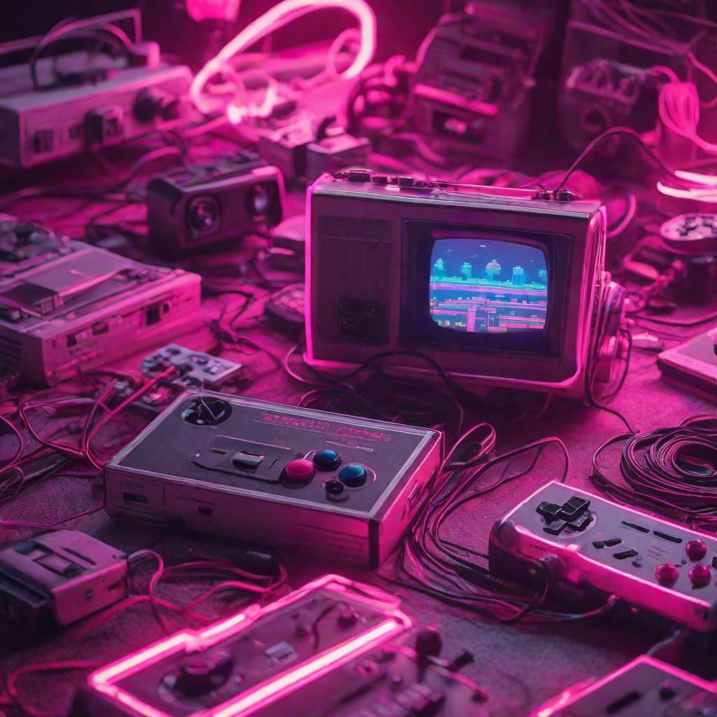  vintage gaming devices surrounded with 3d pixels neon pink beige retro style, cute, hyper detail, full HD hyperrealistic, full body, detailed clothing, highly detailed, cinematic lighting, stunningly beautiful, intricate, sharp focus, f/1. 8, 85mm, (centered image composition), (professionally color graded), ((bright soft diffused light)), volumetric fog, trending on instagram, trending on tumblr, HDR 4K, 8K
