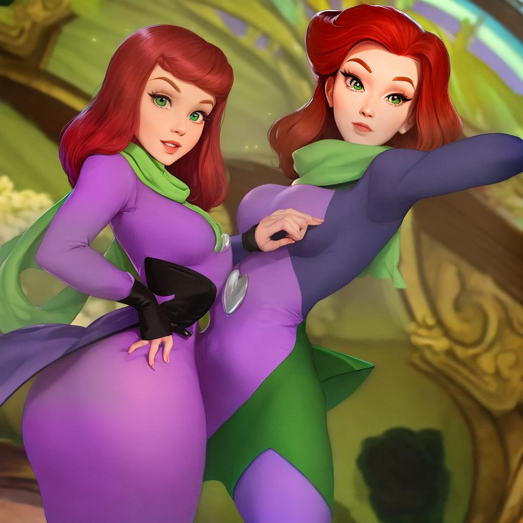  masterpiece, best quality, Daphne Blake, redheaded attractive friend of Scooby-Doo, in her iconic purple long sleeved dress and green scarf, large round butt revealed through dress