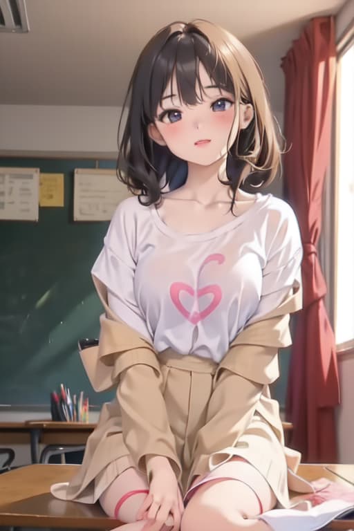  Masterpiece,1girl, parted lips, blush, makeup, light smile, uniform, classroom, light rays, glow,, collarbone, narrow waist, (masterpiece), wallpaper, sheer shirt, uncensored and hips, full body