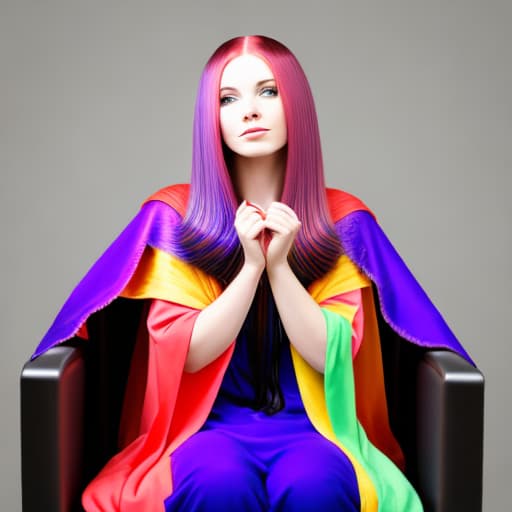  Woman with a salon cape on sitting in a chair facing the camera hair down multi colored hair