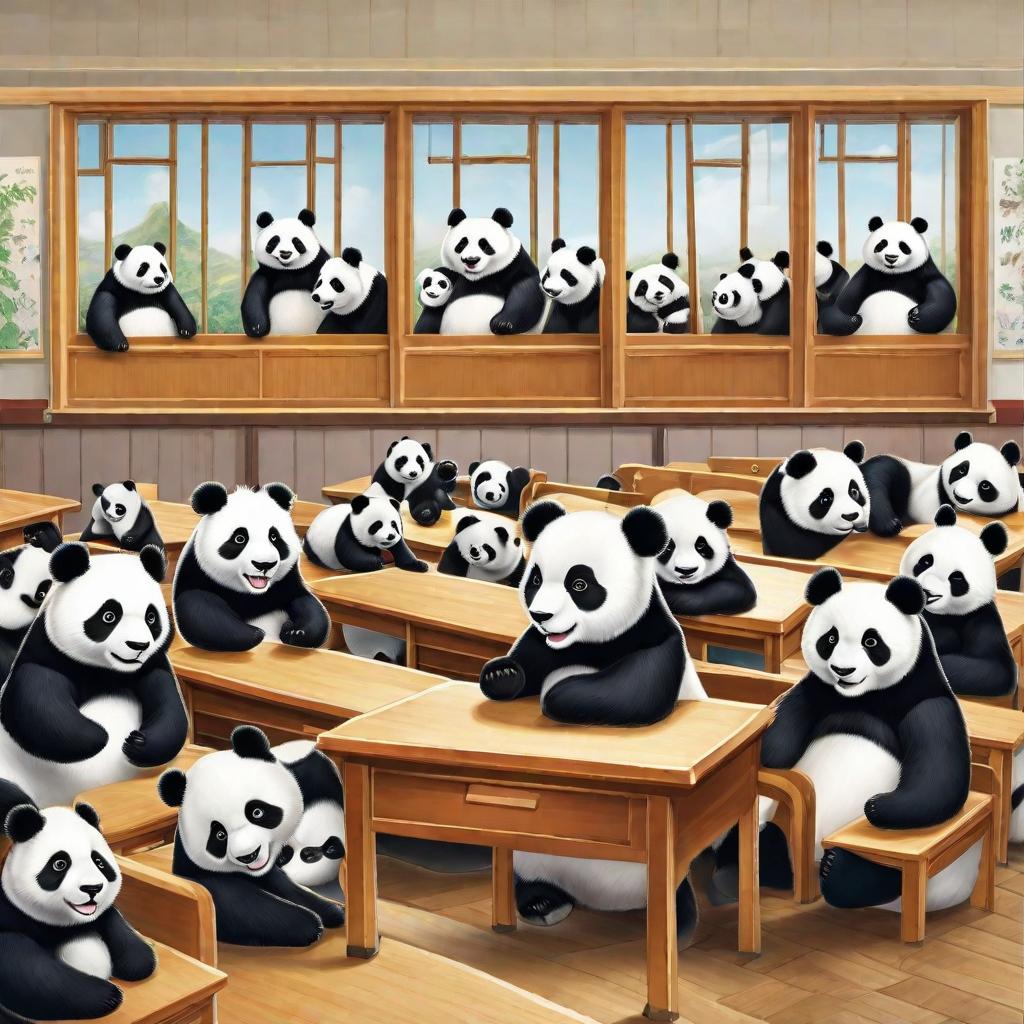  masterpiece, best quality,Draw a picture of 40 pandas in a classroom