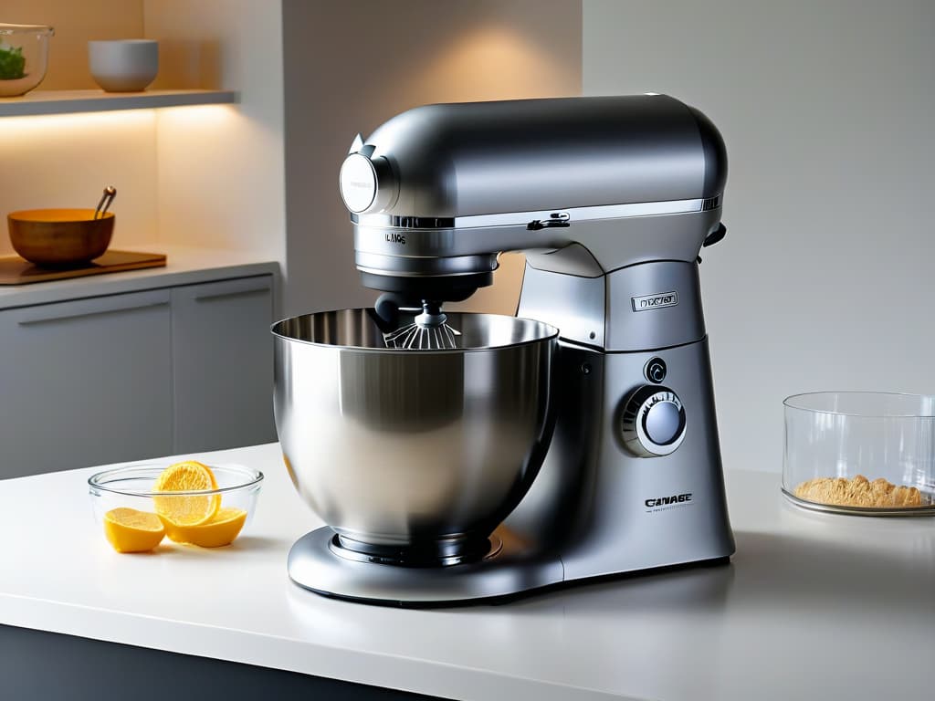  An 8k ultradetailed image of a sleek, modern kitchen countertop with a highquality stand mixer positioned elegantly at the center. The mixer is chromeplated with a matte finish, showcasing a digital control panel and a transparent mixing bowl. Soft, ambient lighting highlights the mixer's contours, creating a minimalist and professional aesthetic that complements the article's tone of quality and precision in baking equipment selection. hyperrealistic, full body, detailed clothing, highly detailed, cinematic lighting, stunningly beautiful, intricate, sharp focus, f/1. 8, 85mm, (centered image composition), (professionally color graded), ((bright soft diffused light)), volumetric fog, trending on instagram, trending on tumblr, HDR 4K, 8K