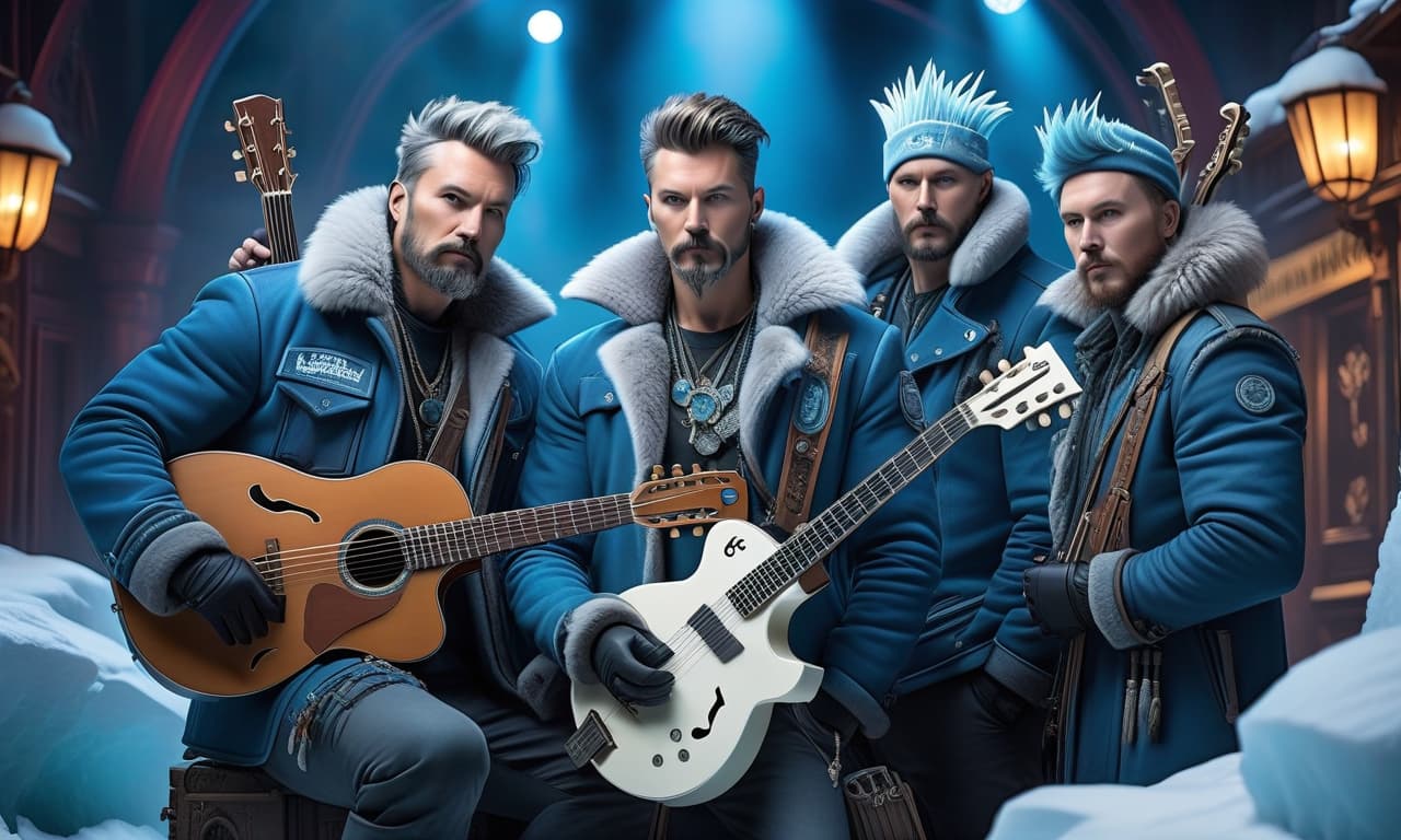  The logo in the center is the inscription "ARCTIC Theater", in the style of Frost Punk, with instruments on the background, balalaika, synthesizer, acoustic guitar, percussion, glucophone, in blue tones hyperrealistic, full body, detailed clothing, highly detailed, cinematic lighting, stunningly beautiful, intricate, sharp focus, f/1. 8, 85mm, (centered image composition), (professionally color graded), ((bright soft diffused light)), volumetric fog, trending on instagram, trending on tumblr, HDR 4K, 8K