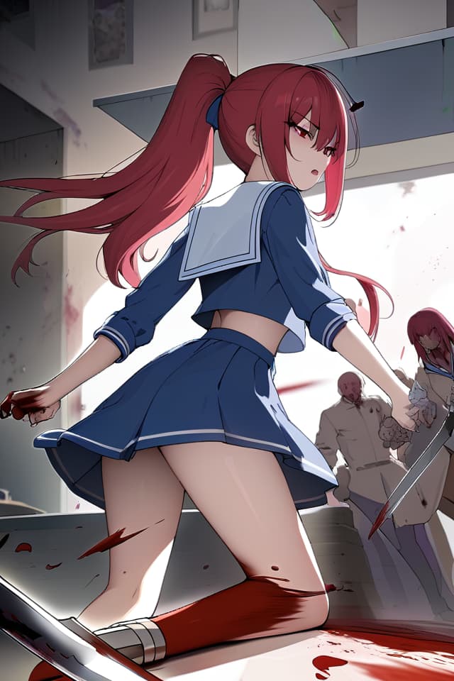  ,Kitchen knife,holding a kitchen knife in hand,red hair,ponytail,beautiful,beautiful girl,battle scene,return blood,red eyes,killer,sailor suit,cool,action(absurd detailed:1.4、best quality:1.4、masterpiece:1.4)、