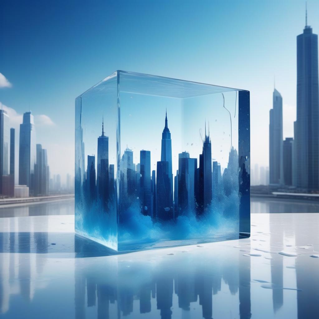  A glass cube and a large city stretched and broken in white blue colors, in space movement. Front from spray of colored colors.Style expressionism