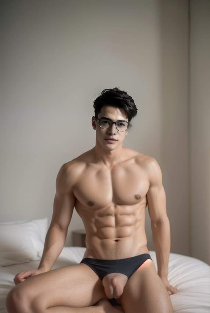  A handsome young man, wearing glasses, taking off his shirt, lean body, two-block hair style, showing off his six-pack, wearing only underwear. Lie with your legs open on the bed. ,ADVERTISING PHOTO,high quality, good proportion, masterpiece ,, The image is captured with an 8k camera and edited using the latest digital tools to produce a flawless final result.