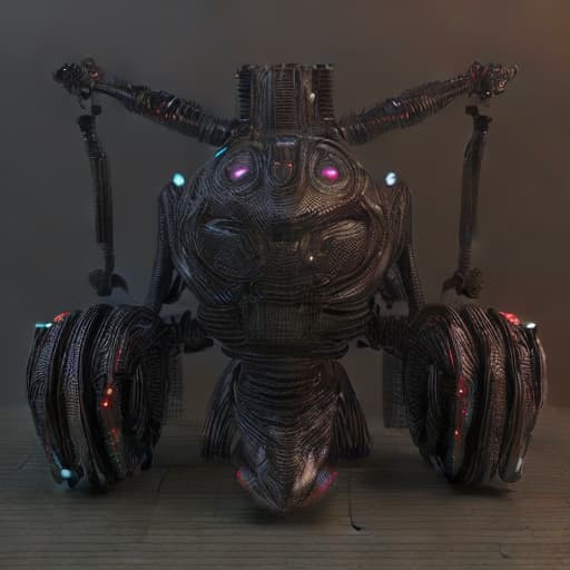  A highly detailed 3D render of a futuristic robot, inspired by the works of H.R. Giger, with metallic textures, glowing LED lights, and advanced machinery.