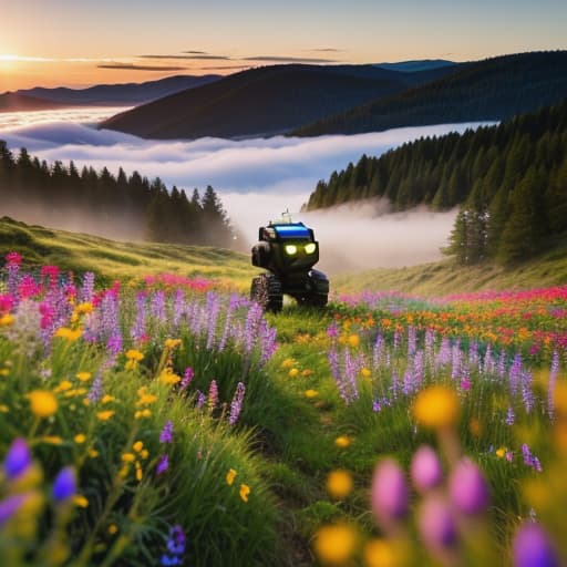  A solitary robot sitting in a field of wildflowers at sunset. hyperrealistic, full body, detailed clothing, highly detailed, cinematic lighting, stunningly beautiful, intricate, sharp focus, f/1. 8, 85mm, (centered image composition), (professionally color graded), ((bright soft diffused light)), volumetric fog, trending on instagram, trending on tumblr, HDR 4K, 8K