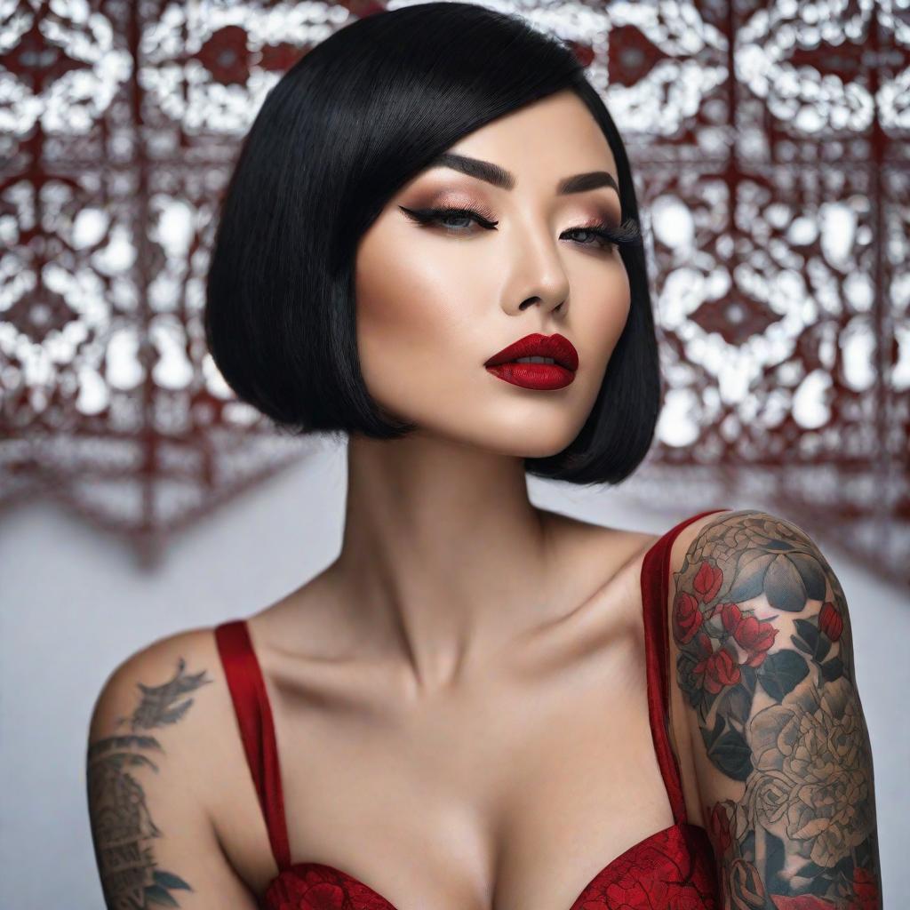  beautiful Asian female , upturned pointed nose, profile view, short black hair, red lips, tattooed, , buxom, beautiful detailed eyes, professional award winning portrait photography, Zeiss 150mm f/ 2.8 Helbladdeta hyperrealistic, full body, detailed clothing, highly detailed, cinematic lighting, stunningly beautiful, intricate, sharp focus, f/1. 8, 85mm, (centered image composition), (professionally color graded), ((bright soft diffused light)), volumetric fog, trending on instagram, trending on tumblr, HDR 4K, 8K