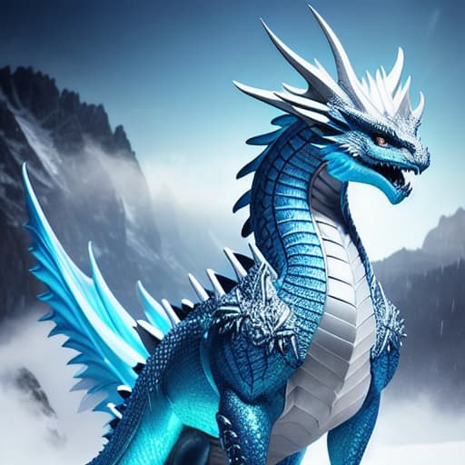 modelshoot style ice dragon hyperrealistic, full body, detailed clothing, highly detailed, cinematic lighting, stunningly beautiful, intricate, sharp focus, f/1. 8, 85mm, (centered image composition), (professionally color graded), ((bright soft diffused light)), volumetric fog, trending on instagram, trending on tumblr, HDR 4K, 8K