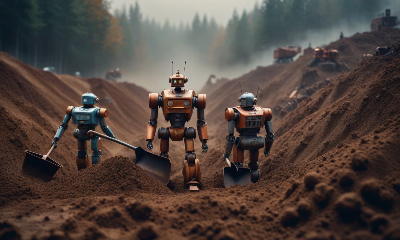  Rusty robots dig soil with shovels. hyperrealistic, full body, detailed clothing, highly detailed, cinematic lighting, stunningly beautiful, intricate, sharp focus, f/1. 8, 85mm, (centered image composition), (professionally color graded), ((bright soft diffused light)), volumetric fog, trending on instagram, trending on tumblr, HDR 4K, 8K