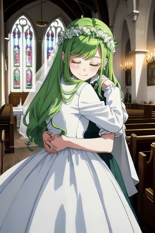  Hugging in a white wedding dress, the background is in the church, green hair and 2 sisters