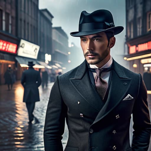  Man wearing a round black bowler hat in a dirty city with a stormy sky hyperrealistic, full body, detailed clothing, highly detailed, cinematic lighting, stunningly beautiful, intricate, sharp focus, f/1. 8, 85mm, (centered image composition), (professionally color graded), ((bright soft diffused light)), volumetric fog, trending on instagram, trending on tumblr, HDR 4K, 8K