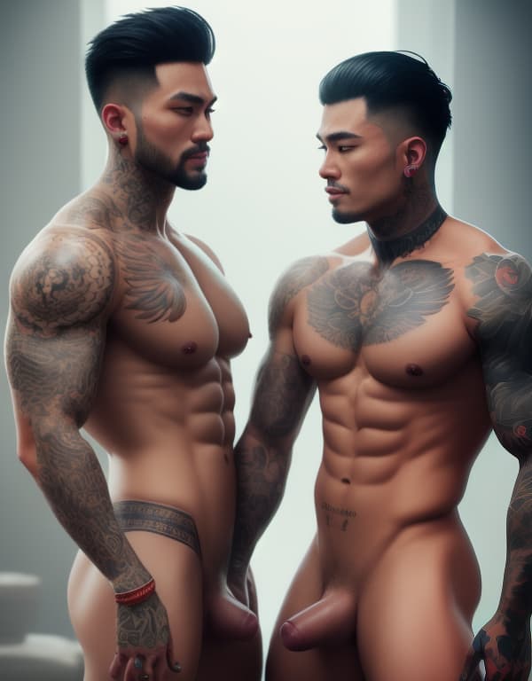  tattooed brothers are dancing，gay，Asian，Asiatic，big bulge，Asian，naked whole body，muscular, fit, hyperrealistic, full body, detailed clothing, highly detailed, cinematic lighting, stunningly beautiful, intricate, sharp focus, f/1. 8, 85mm, (centered image composition), (professionally color graded), ((bright soft diffused light)), volumetric fog, trending on instagram, trending on tumblr, HDR 4K, 8K