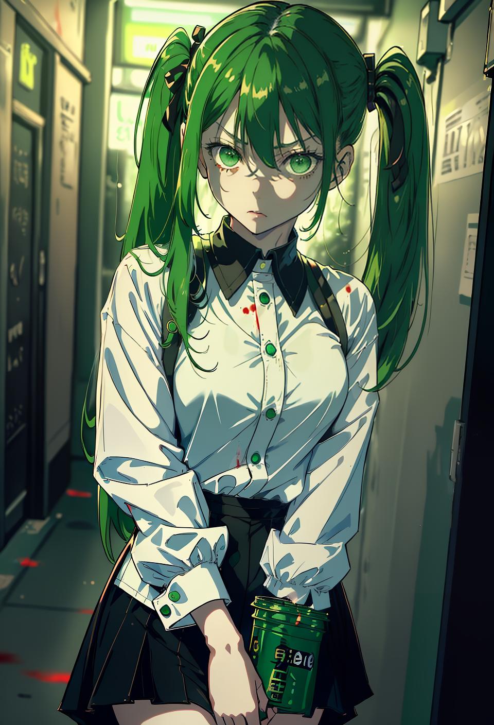  ((trending, highres, masterpiece, cinematic shot)), 1girl, young, female date attire, blood, violent crime scene, medium-length straight light green hair, twintails hairstyle, narrow green eyes, antisocial, loner personality, mischievous expression, very pale skin, epic, observant