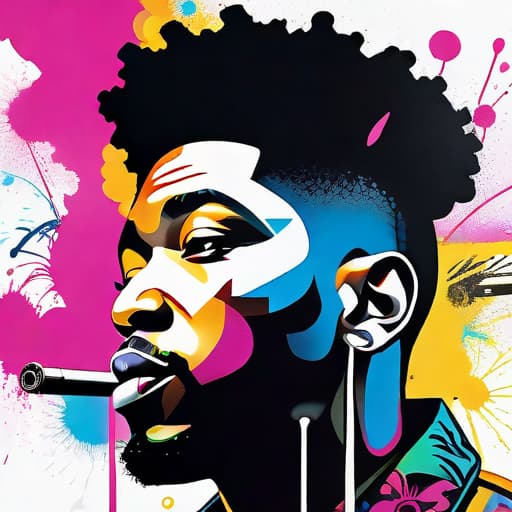  ((white background)),Banksy style, graffiti style Impactful composition, neon heat splash paint across the shape of a Side view of black man with rich afro hair, ((artistic)), zoom out, full shoot, high detail, vibrant, urban, detailed, tag, mural hyperrealistic, full body, detailed clothing, highly detailed, cinematic lighting, stunningly beautiful, intricate, sharp focus, f/1. 8, 85mm, (centered image composition), (professionally color graded), ((bright soft diffused light)), volumetric fog, trending on instagram, trending on tumblr, HDR 4K, 8K