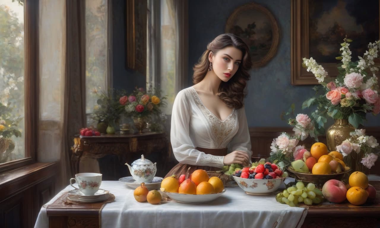  Oil painting, masterpiece, A girl with brown wavy hair sits at a table with a white tablecloth, Vase of flowers, tea cup and bowl of fruit on the table, Konstantin Korovin hyperrealistic, full body, detailed clothing, highly detailed, cinematic lighting, stunningly beautiful, intricate, sharp focus, f/1. 8, 85mm, (centered image composition), (professionally color graded), ((bright soft diffused light)), volumetric fog, trending on instagram, trending on tumblr, HDR 4K, 8K