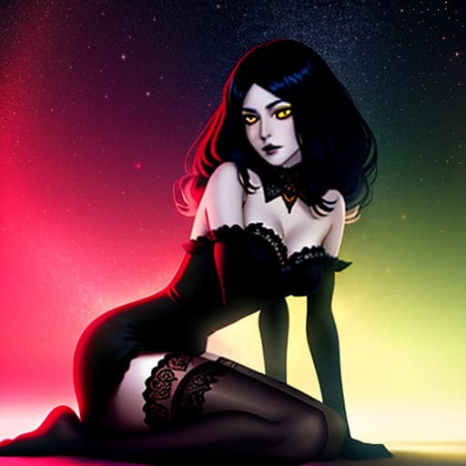  Anime: a young gothic girl with distinct yellow eyes, slim body, narrow legs, fully visible in the frame wearing only stockings. Her hair is down to her shoulders, color black. Her character is modest. She takes a position, kneeling on all fours, with her entire body facing the viewer, a black cat nearby. The background has high details, high resolution, a Gothic castle. The moon is red, it's night, the sky is filled with stars. hyperrealistic, full body, detailed clothing, highly detailed, cinematic lighting, stunningly beautiful, intricate, sharp focus, f/1. 8, 85mm, (centered image composition), (professionally color graded), ((bright soft diffused light)), volumetric fog, trending on instagram, trending on tumblr, HDR 4K, 8K