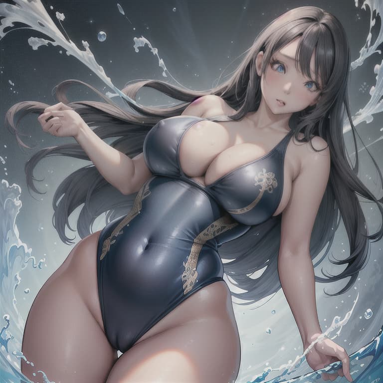  (8K, high resolution), (masterpiece, best quality:1.2), highres, perfect anatomy,black haired thicc busty japanese woman in swimsuit blue eyed with long flowing hair,light particles, soft lighting, volumetric lighting, intricate details, finely detailed