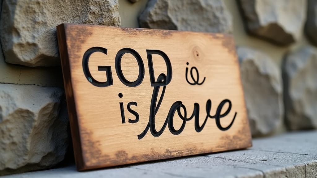  good quality, high quality, a handcrafted wooden plaque featuring the words "god is love," leaning against a stone background. focus on the text. no people.