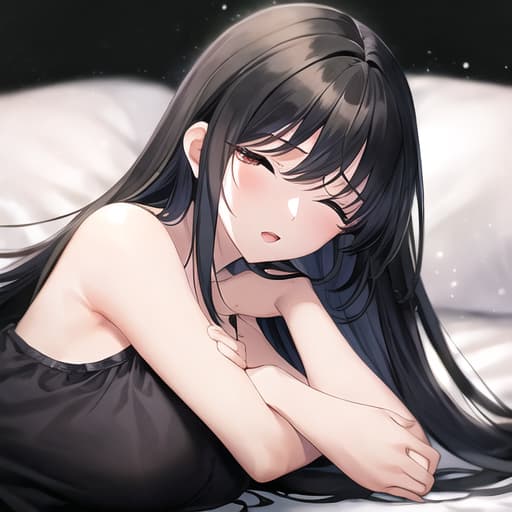  master piece , best quality,high quality, ultra detailed ,20d's woman, black hair,long hair, black background, upper body, sleepy,closed eyes, lying on back, hand on chest, pajamas,open mouth