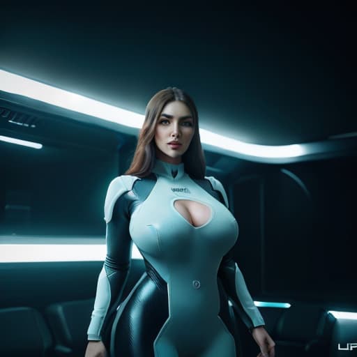  (adult:1.4), (adult:1.4), Curvy Woman. With tight spacesuit. breasts falling out of the suit. Full height. On the spaceship. Neon lights. hyperrealistic, full body, detailed clothing, highly detailed, cinematic lighting, stunningly beautiful, intricate, sharp focus, f/1. 8, 85mm, (centered image composition), (professionally color graded), ((bright soft diffused light)), volumetric fog, trending on instagram, trending on tumblr, HDR 4K, 8K