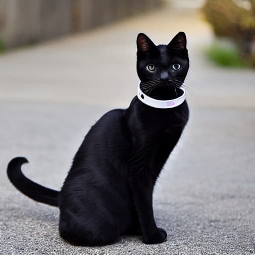  a small, frail and skinny cat. Completely black, only one of his front paws is painted white, wearing a collar with dog fangs, his eyes are a piercing blue color