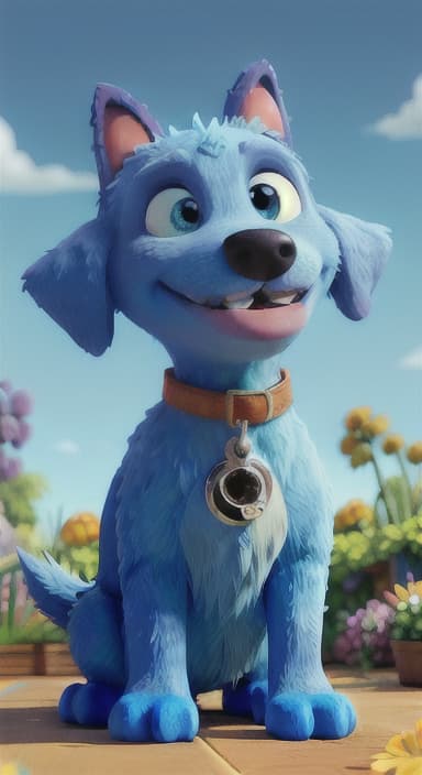  {Max carefully picking up the ball with his teeth without disturbing the flowers, The big blue dog is large with sky blue fur, big round eyes, a black nose, and floppy ears.