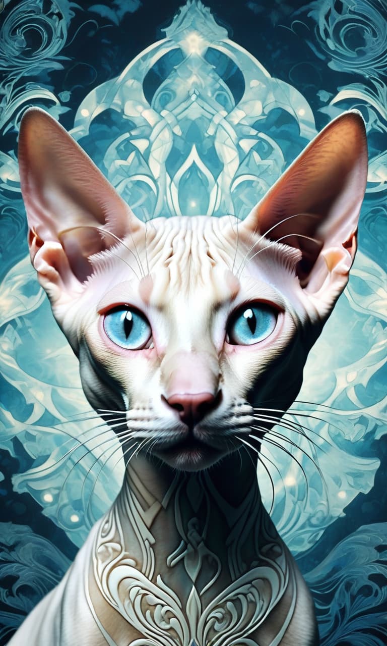  Digital image of a sphinx cat. Double exposure image, surreal. Mysterious, exotic:: Glowing pale geometric patterns on skin. Background: with surrealistically bizarre abstract swirls and (vegetal elements: 1,2). In the manner of Minjae Lee, Andrew Jones, James Christensen. Stylistics:: art deco, renaissance, whimsical detailing. High quality. hyperrealistic, full body, detailed clothing, highly detailed, cinematic lighting, stunningly beautiful, intricate, sharp focus, f/1. 8, 85mm, (centered image composition), (professionally color graded), ((bright soft diffused light)), volumetric fog, trending on instagram, trending on tumblr, HDR 4K, 8K