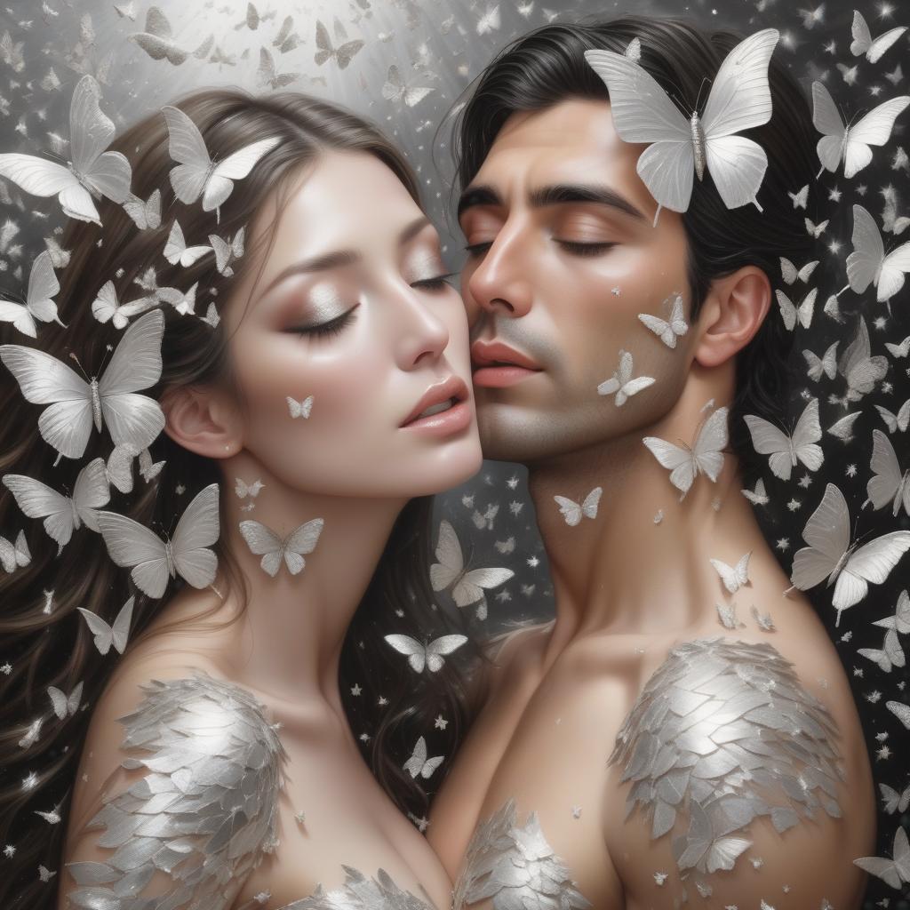  photo RAW, ( ultrarealistic, hyperrealistice, hyperdetailed:shattered into thousands of silver butterflies, scattering into a breeze of silver twinkling stars.  Maria and Carlos had backed a couple of steps away, they couldn’t help but sigh in awe with there beautiful eyes wide open. This sight truly was as beautiful as a fantastic dream), masterpiece, award winning photography, natural light, perfect composition, high detail, hyper realistic, add depth, water background, (real humans:1.5),(highly detailed beautiful eyes) hyperrealistic, full body, detailed clothing, highly detailed, cinematic lighting, stunningly beautiful, intricate, sharp focus, f/1. 8, 85mm, (centered image composition), (professionally color graded), ((bright soft diffused light)), volumetric fog, trending on instagram, trending on tumblr, HDR 4K, 8K